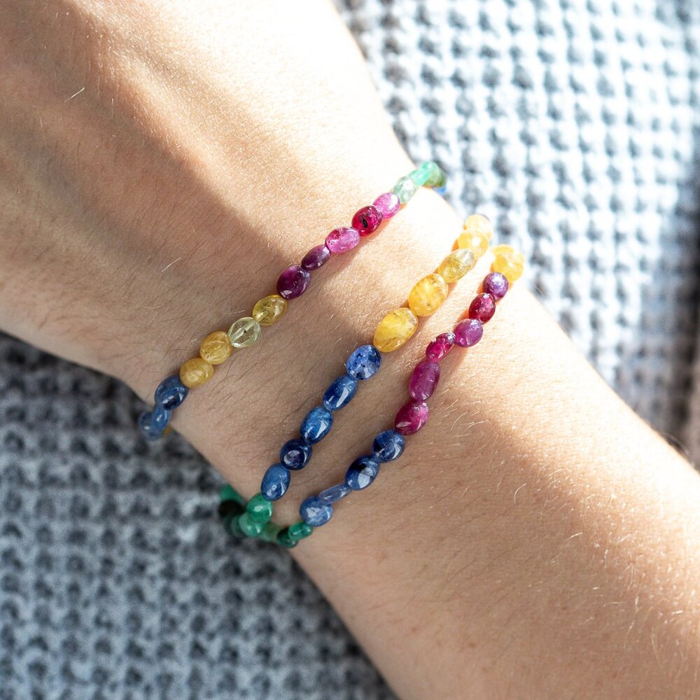 Ombre Sapphire Beaded Stretch Bracelet Multicolor Rainbow Genuine AAA Sapphire